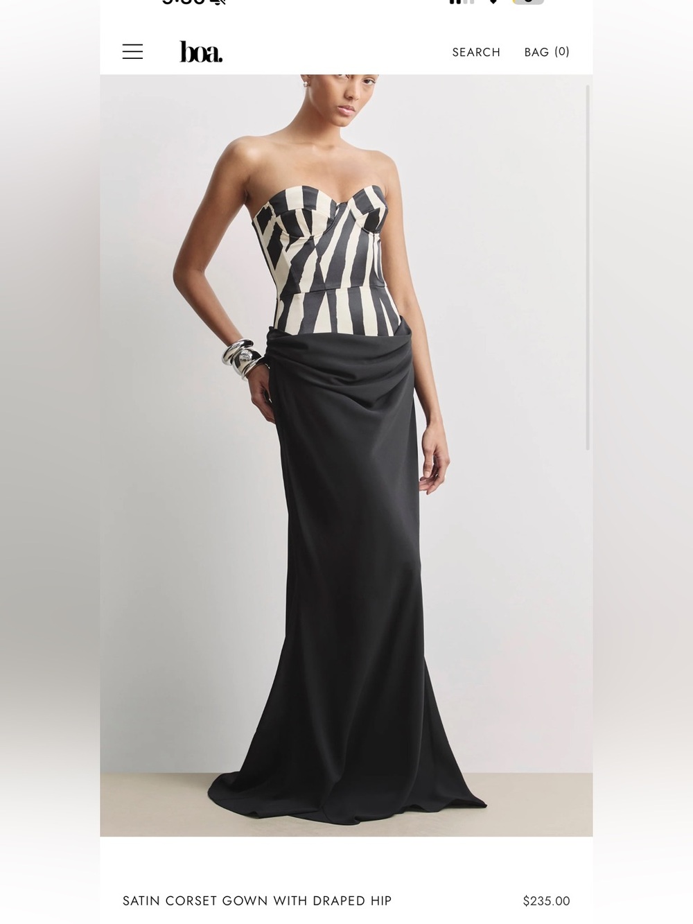 BOA Satin Corset Gown with Draped Hip - Black & White